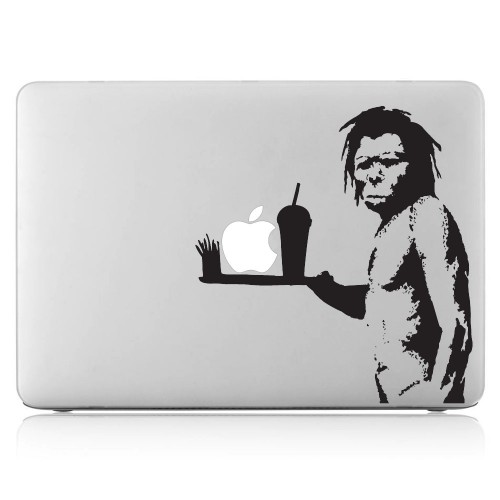 Banksy Caveman serve an Apple Laptop / Macbook Vinyl Decal Sticker 