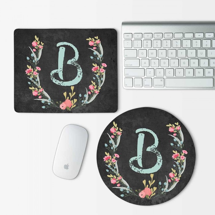 Personalized Monogram and Flowers on Chalkboard Mouse Pad Round or Rectangle (MP-0100)