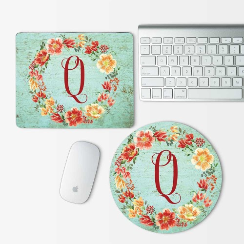 Custom Monogram and Flowers on wood texture Mouse Pad Round or Rectangle