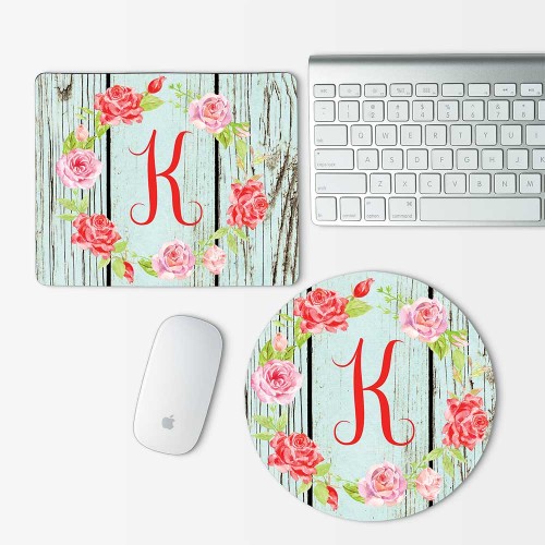 Custom Monogram and Flowers on wood texture Mouse Pad Round or Rectangle