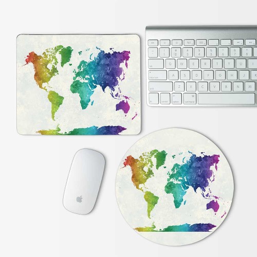 Rainbow watercolor World map Mouse Pad Round or Rectangle